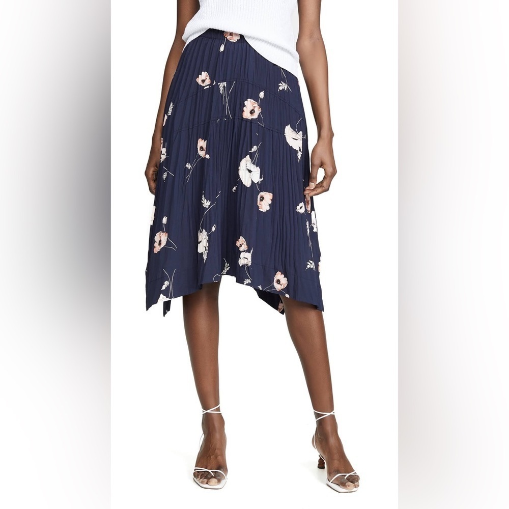 Vince Blue Floral Flower Pleated Skirt Elastic Waist Midi Polyester Euc Size Xl